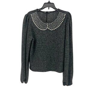 Zara Sweater S Beaded Neckline Womens Grey Long Sleeve Pullover Sweater Sz Small